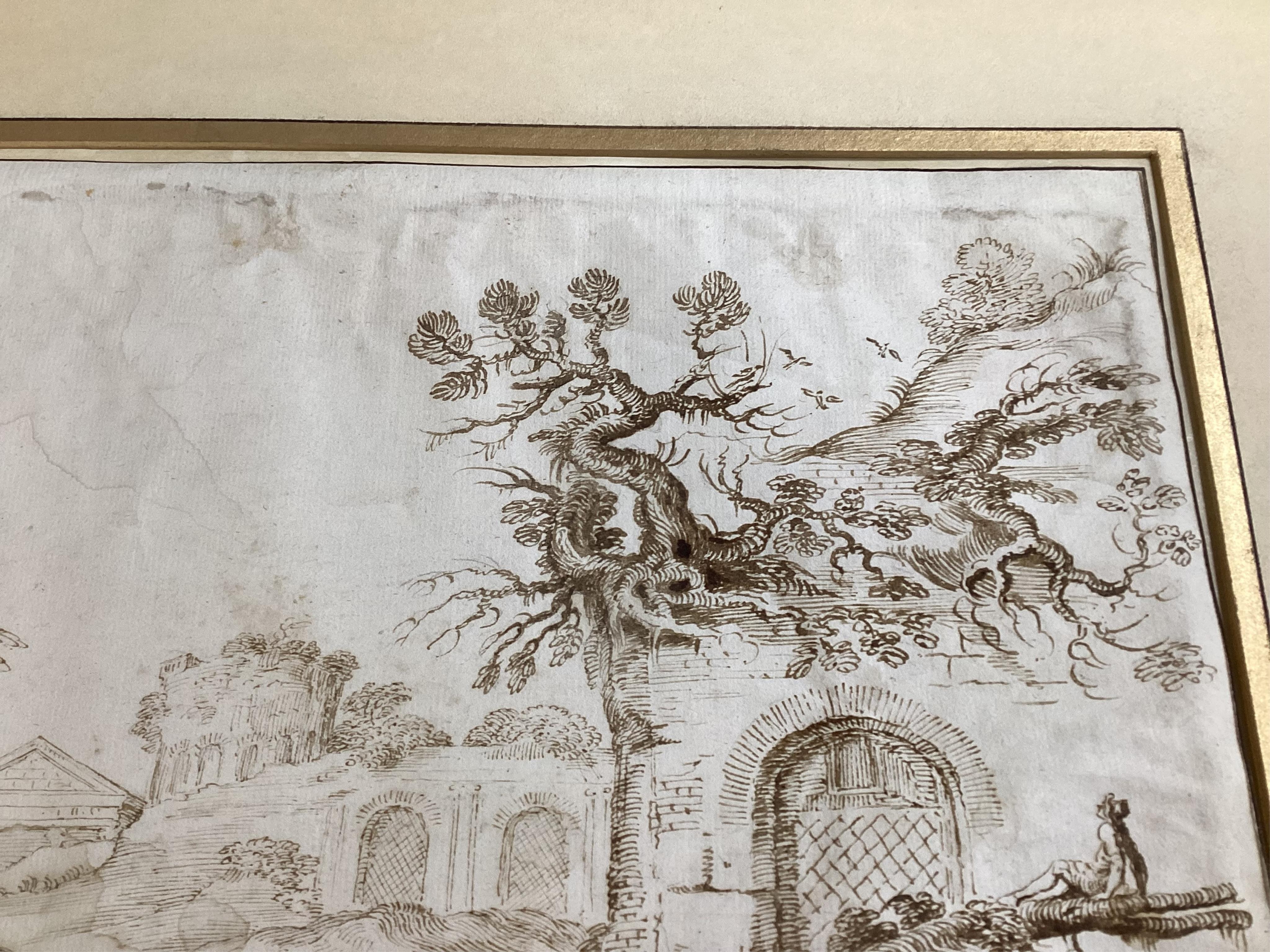 18th century Italian, old master sepia ink sketch, Landscape with ruins, mounted, 25 x 40cm, unframed